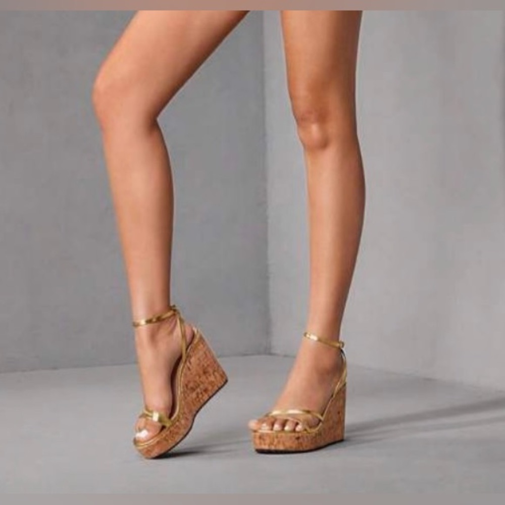 Gold Strappy Cork Wedge Heels, Sandals | 6.5 | New | 4.3” Heel, 1” Platform - Picture 3 of 8